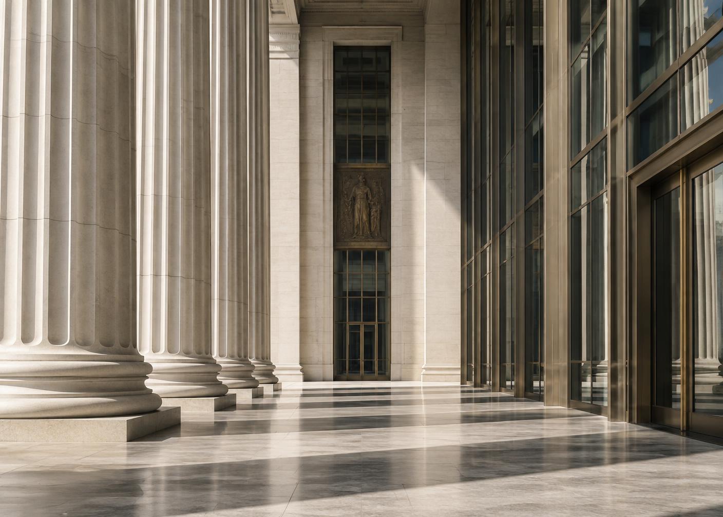Classical columns meeting a contemporary glass facade