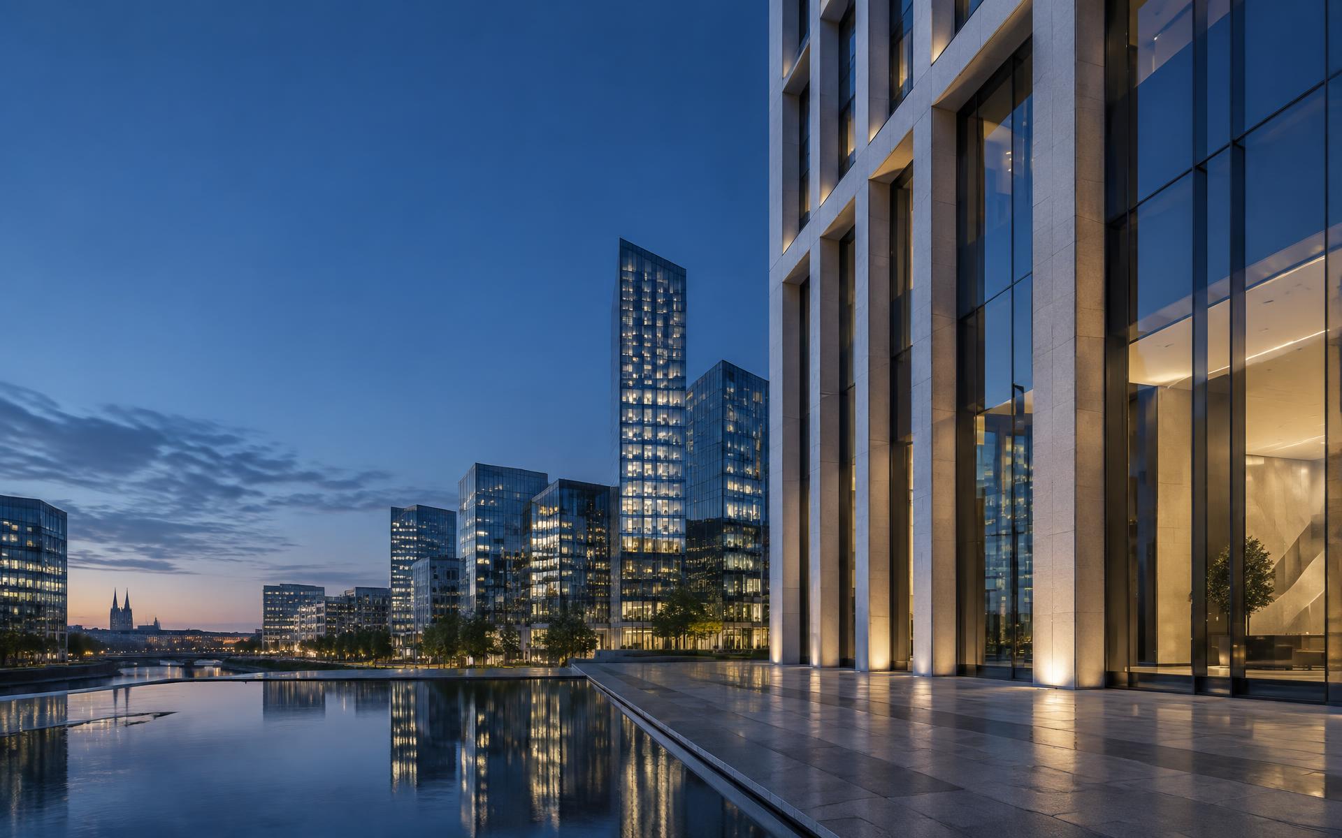 Contemporary international business district at blue hour